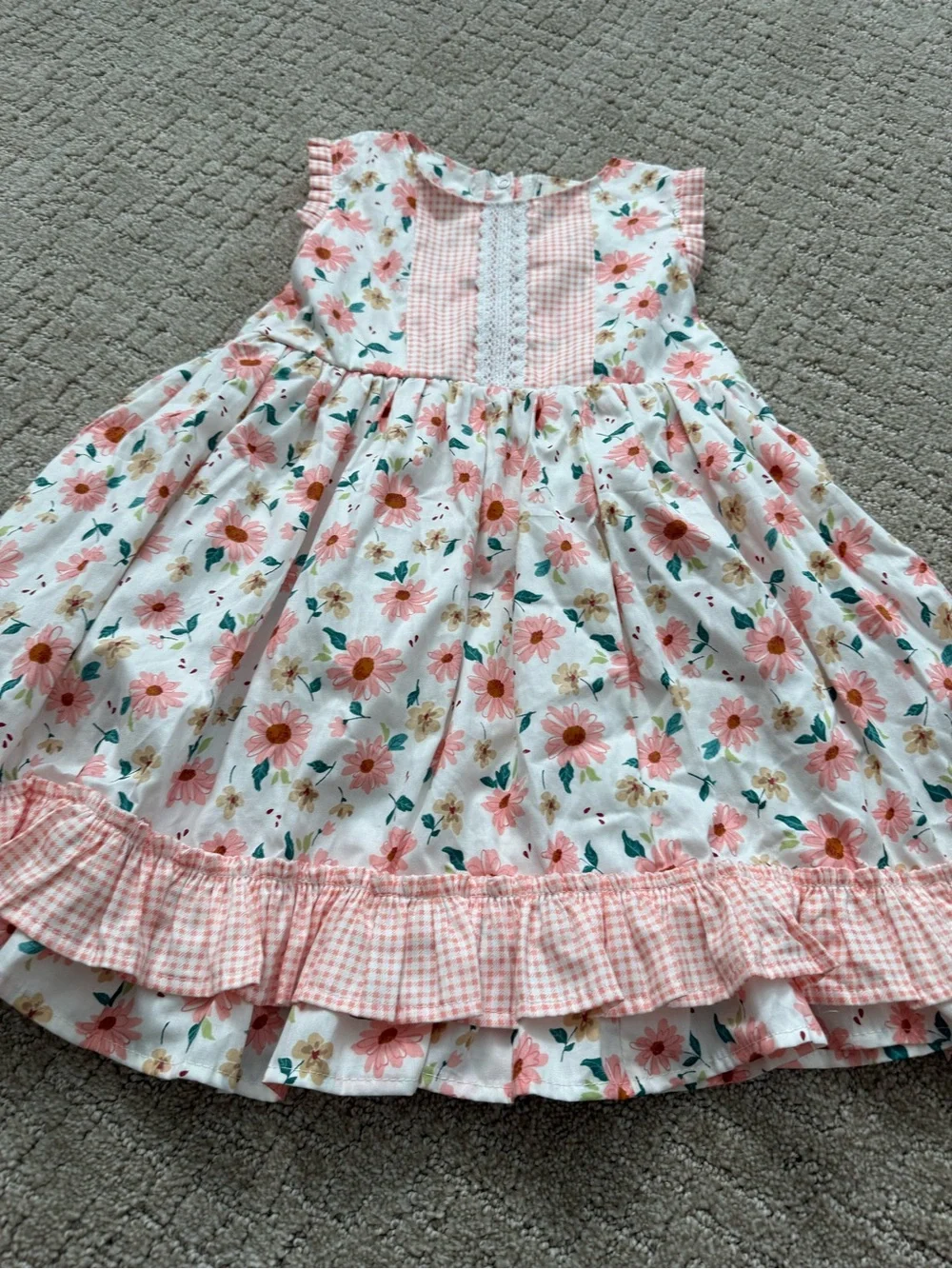 Girls Pink Floral Gingham Trim Dress